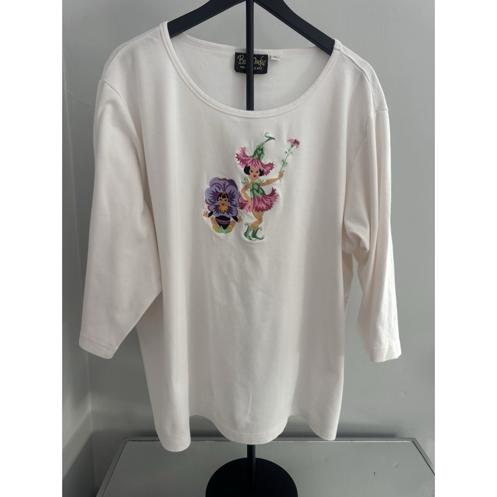 Bob Mackie Wearable Art Embroidered Floral Fairy Top 3X White Cotton Blouse